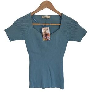 Molly Green Women Blue Ribbed Sweetheart Neckline Short Sleeve Top Size S/M Y2K